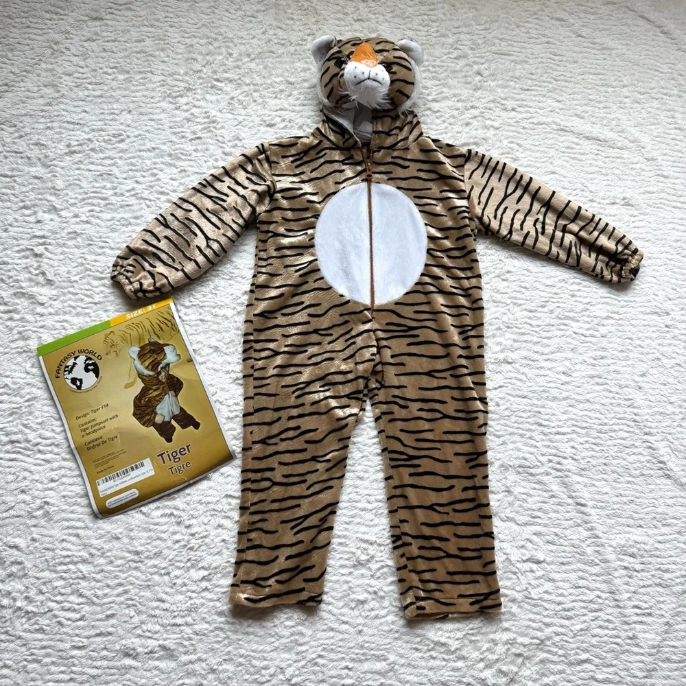 Tiger Halloween Costume Hooded Jumpsuit Boys Girls Kids 3T Toddler Jungle Animal